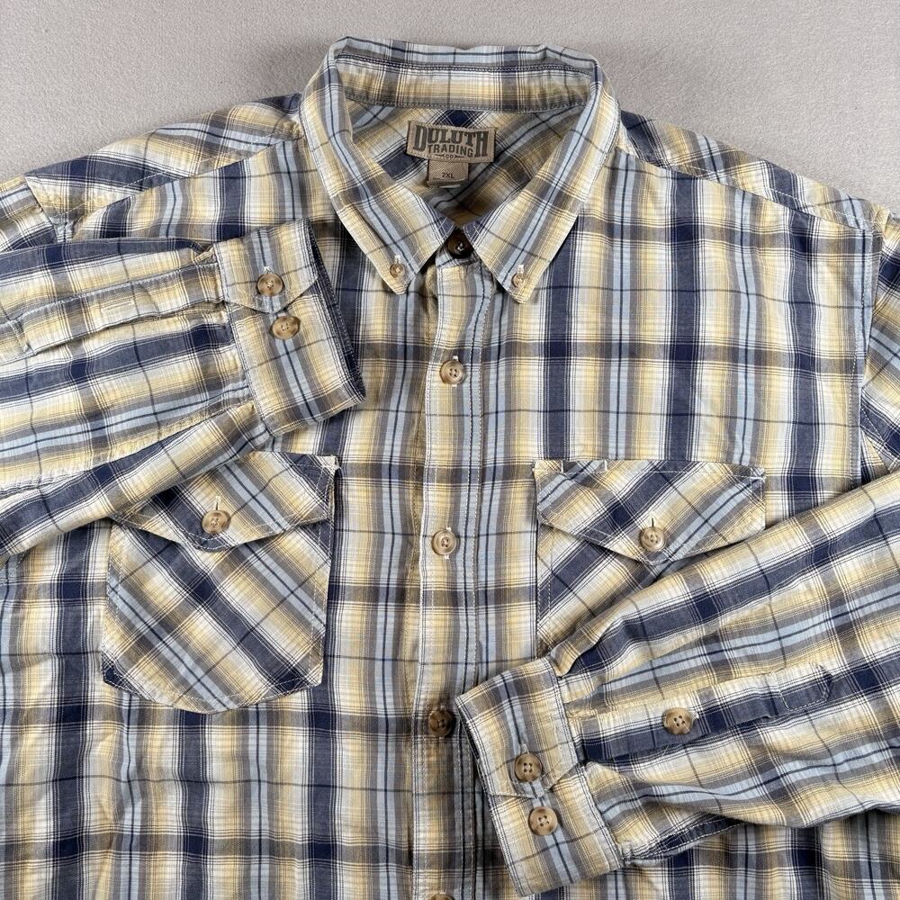 Duluth Trading Co Men's 2XL Navy Tan Plaid Flannel Button Down Shirt